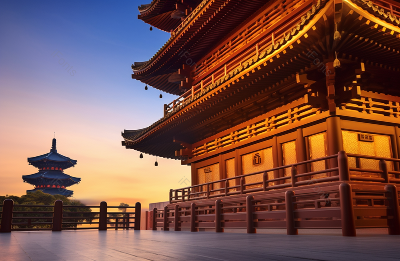 广角仰拍夜晚复古宫廷建筑旅游出行宣传背景素材,高清,摄影图,摄影图片,图片大全,摄影图免费下载